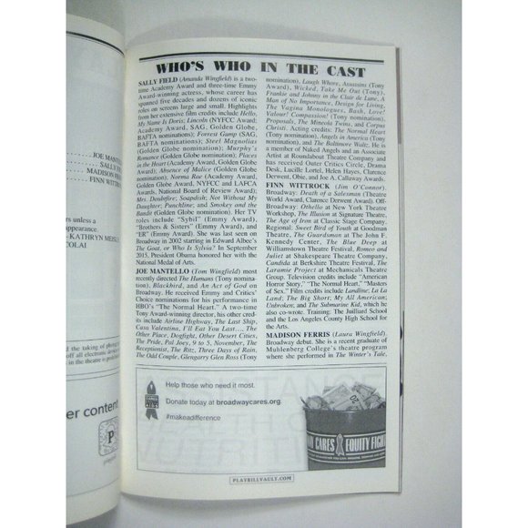 Williams Glass Menagerie Playbill March 2017 Sally Field Joe Mantello Ferris - Picture 5 of 8